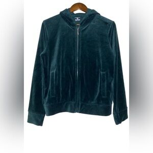 Jones New York Sport G-39 Women Large Green Velvet Hooded Long Sleeve Zip Jacket